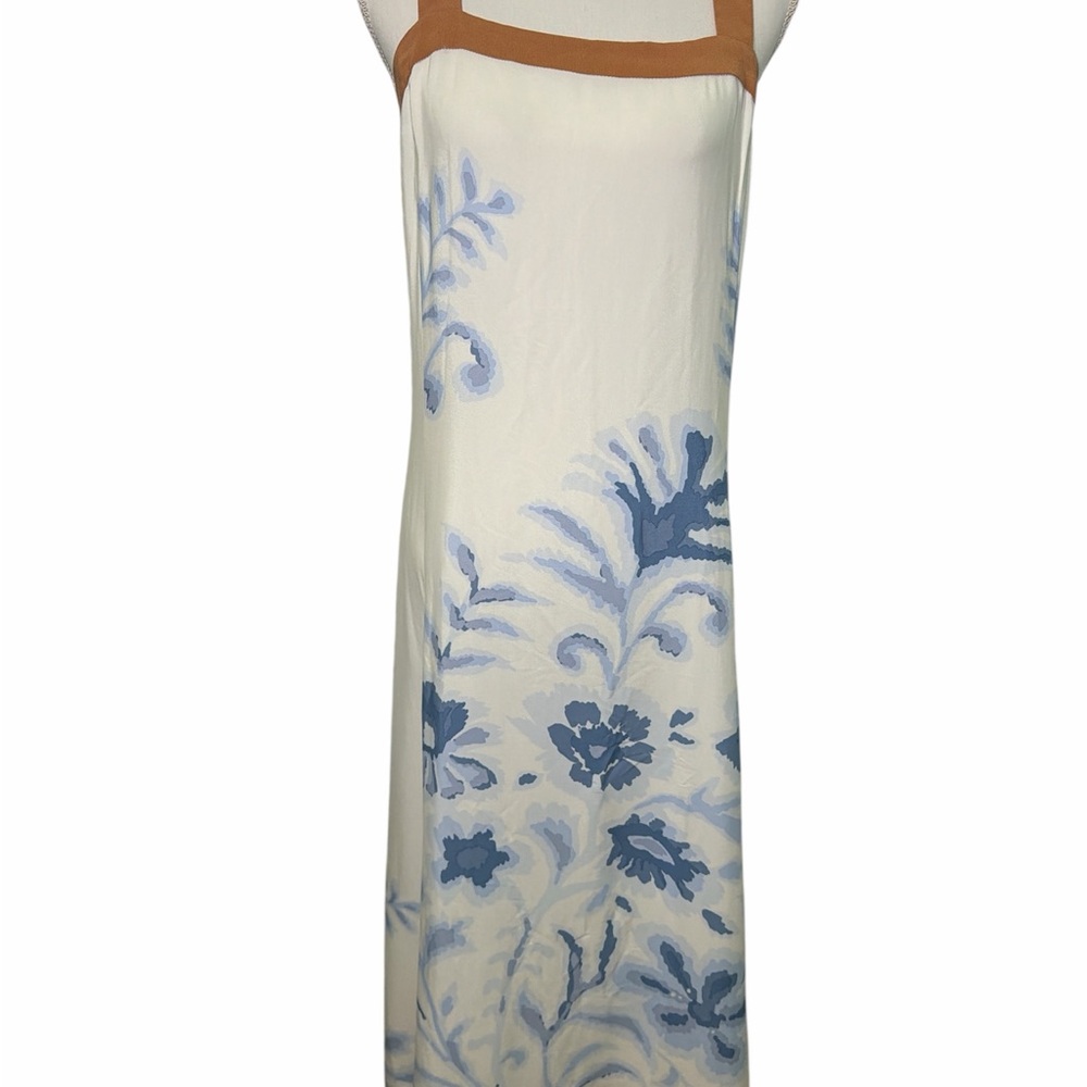 LOFT Cream Maxi Dress with Blue Floral Print and Brown Trim